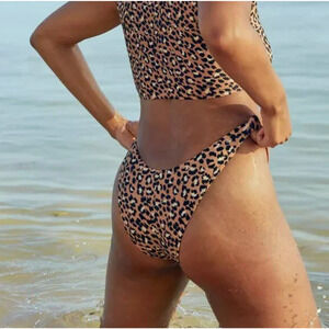 Aerie Cheekier Bikini Bottoms Leopard Print Tan Black White NWT Women's Medium